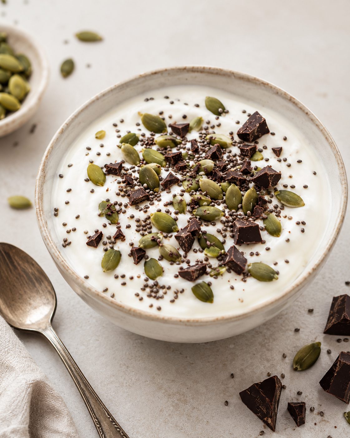 Bol de yogur de soja con semillas y chocolate negro