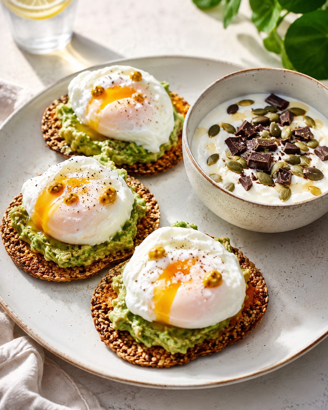 Huevos poché con tostadas de sésamo y guacamole